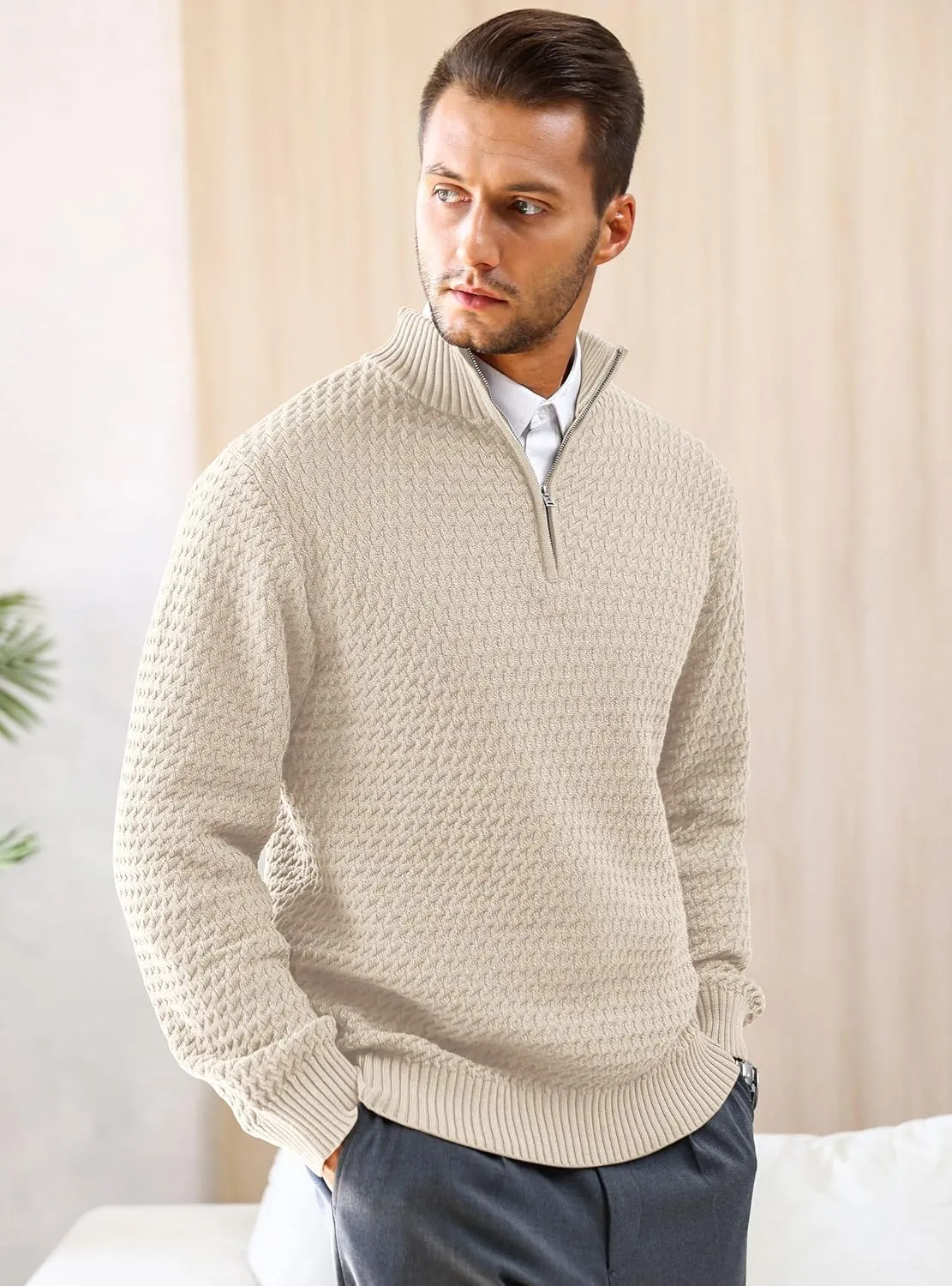 Men's Quarter Zip Pullover Sweater Slim Fit Business Casual Cable Knit Lightweight Long Sleeve Sweaters