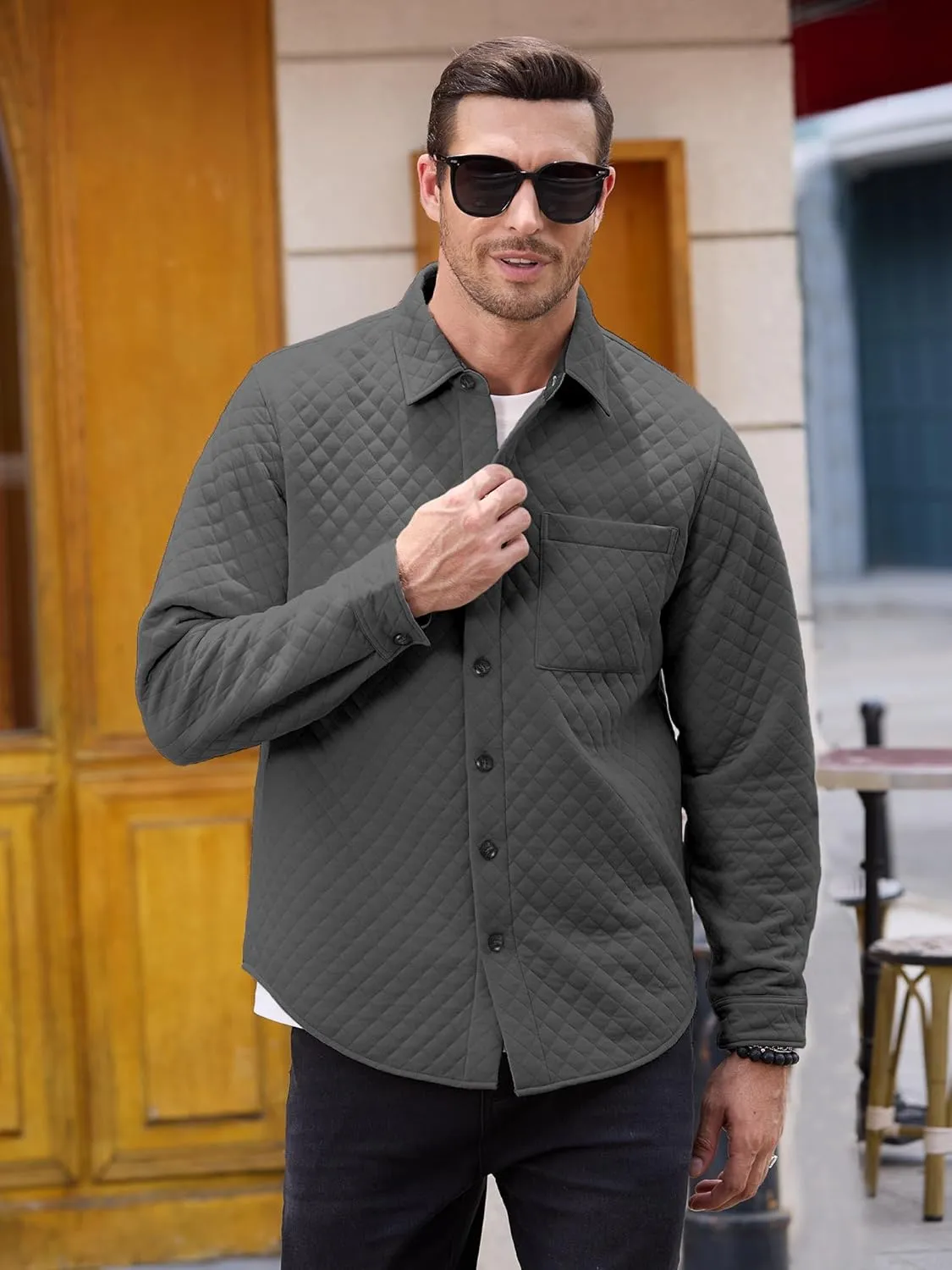 Mens Shacket Long Sleeve Shirt Jacket with Pockets Lightweight Quilted Overshirt