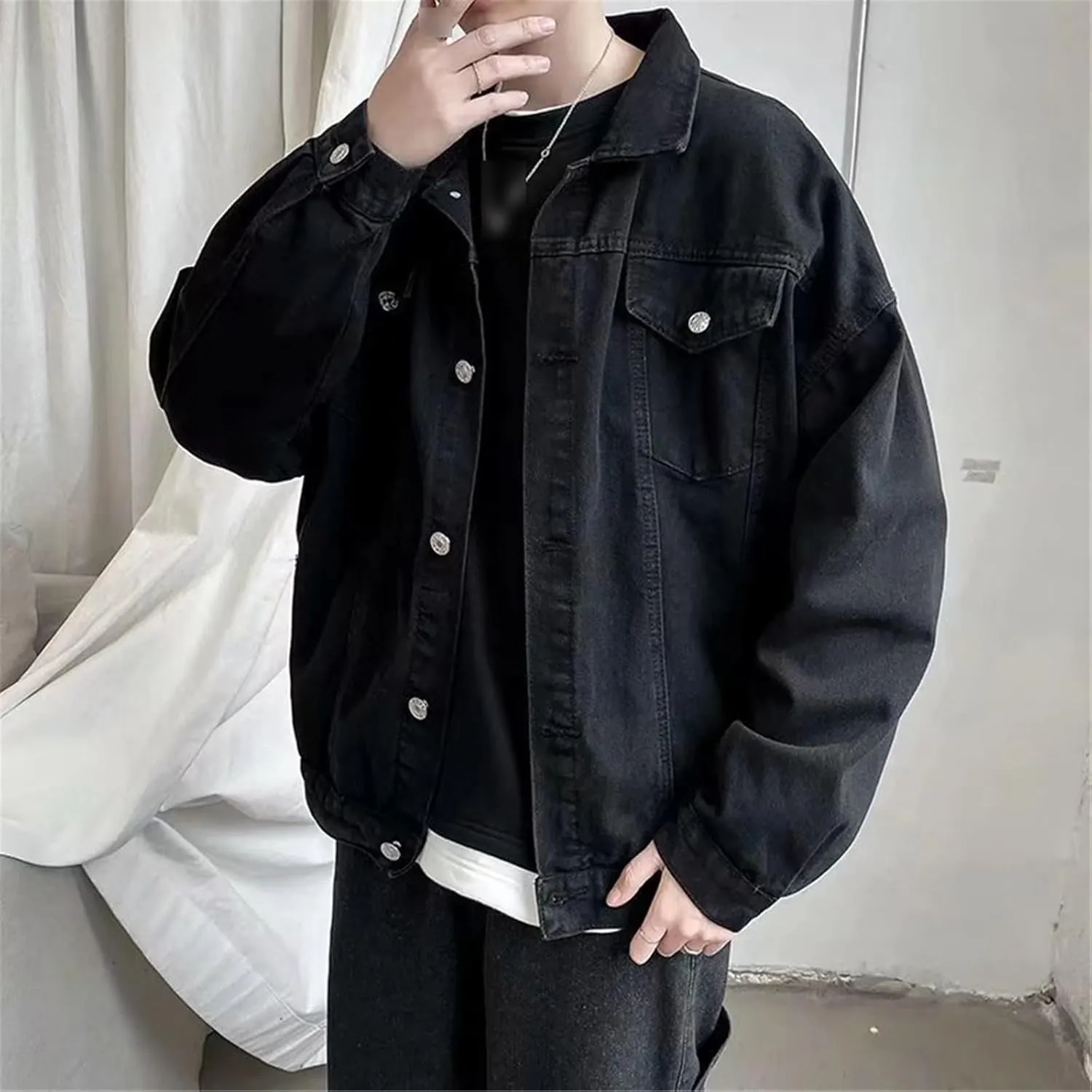 Mens Short Black Denim Jacket Men Jeans Jacket Coats Casual Pockets Streetwear Man Clothing Outwear