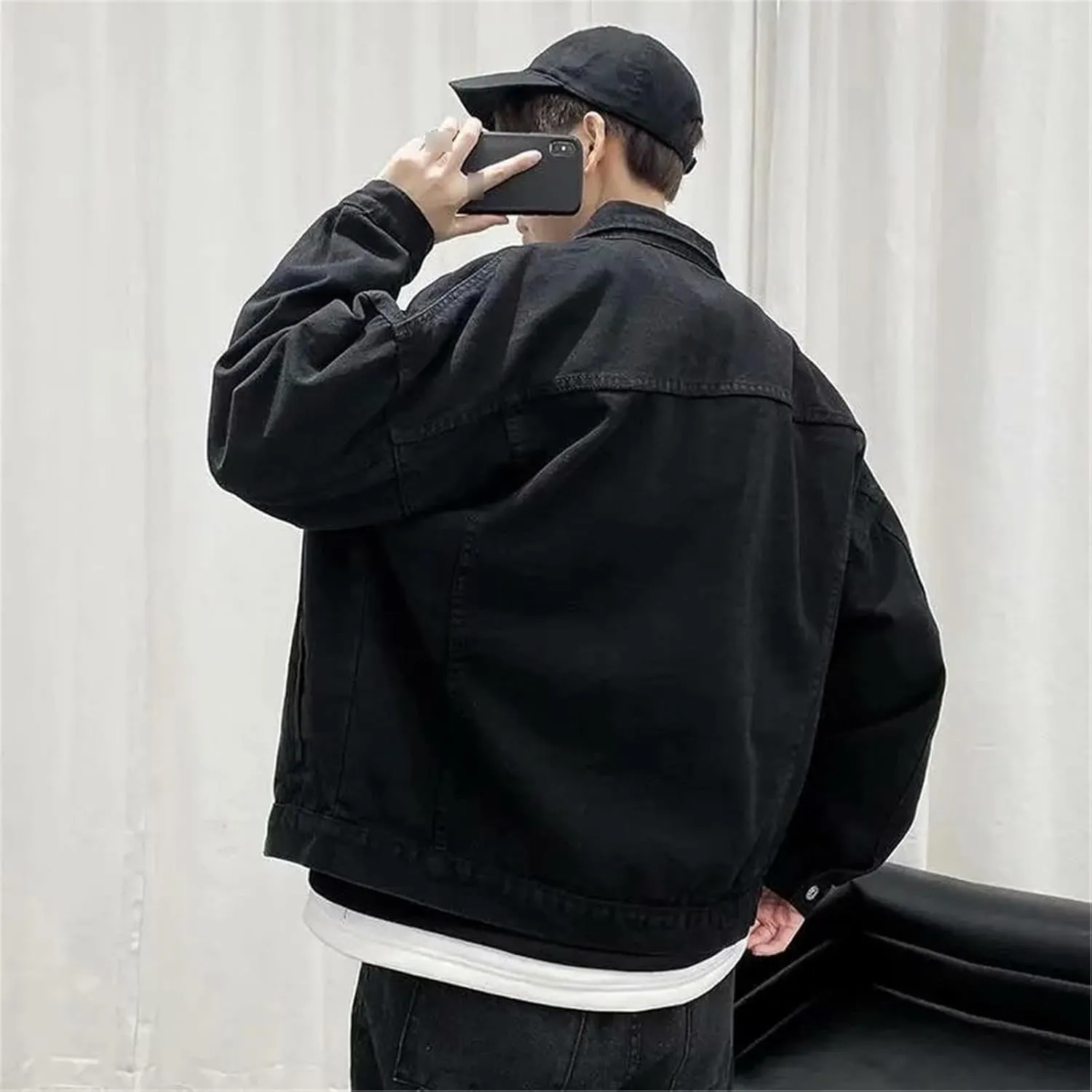 Mens Short Black Denim Jacket Men Jeans Jacket Coats Casual Pockets Streetwear Man Clothing Outwear