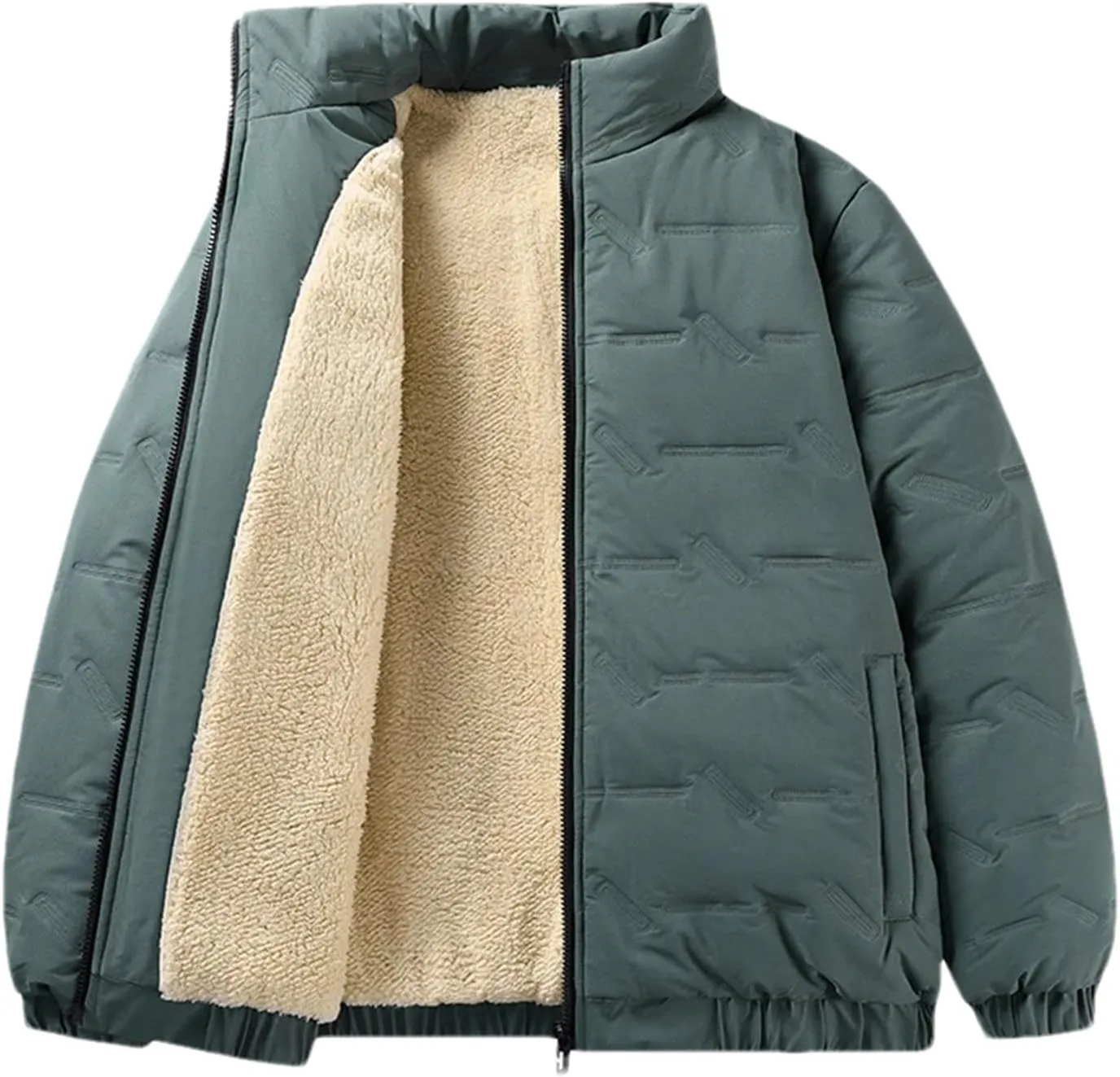 Men's Solid Stand Collar Zipper Cotton-Padded Vintage Thick Warm Outdoor Plush Parka Coat