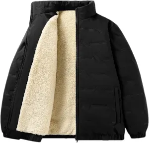 Men's Solid Stand Collar Zipper Cotton-Padded Vintage Thick Warm Outdoor Plush Parka Coat