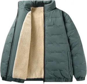 Men's Solid Stand Collar Zipper Cotton-Padded Vintage Thick Warm Outdoor Plush Parka Coat