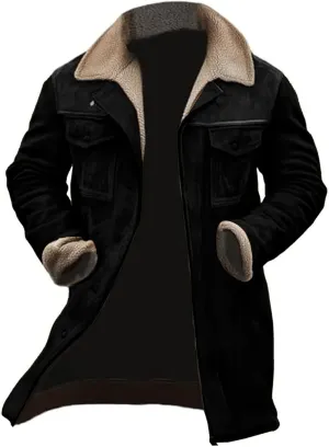 Men's Winter Vintage Suede Jacket with Plush Collar Retro Patchwork Reversed Collar Outdoor Coat Long Work Jackets