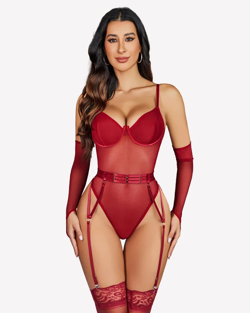Mesh Garter Teddy with 1 Pair Oversleeves