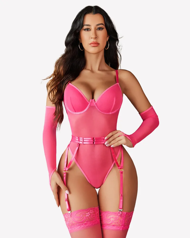 Mesh Garter Teddy with 1 Pair Oversleeves