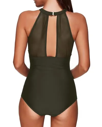 Mesh One Piece Swimsuit High Neck And Ruched For Women-Army Green