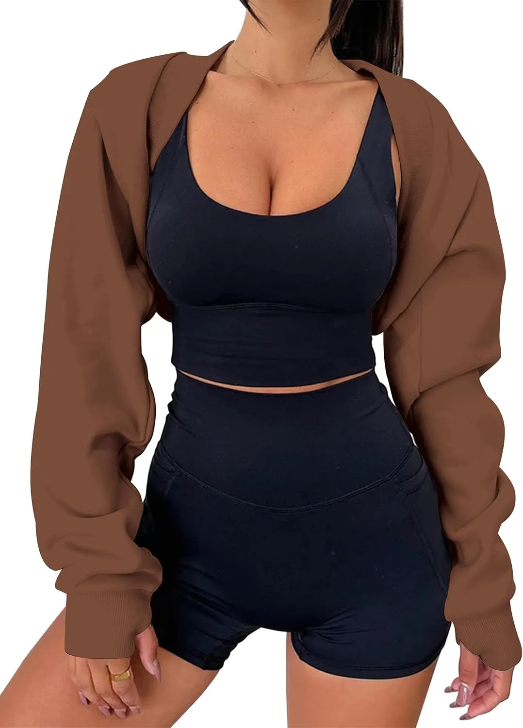 MISSACTIVER Women's Long Sleeve With Thumb Hole Bolero Shrug Top Open Front Fleece Loose Fit Cropped Shawl Sweatshirt Workout
