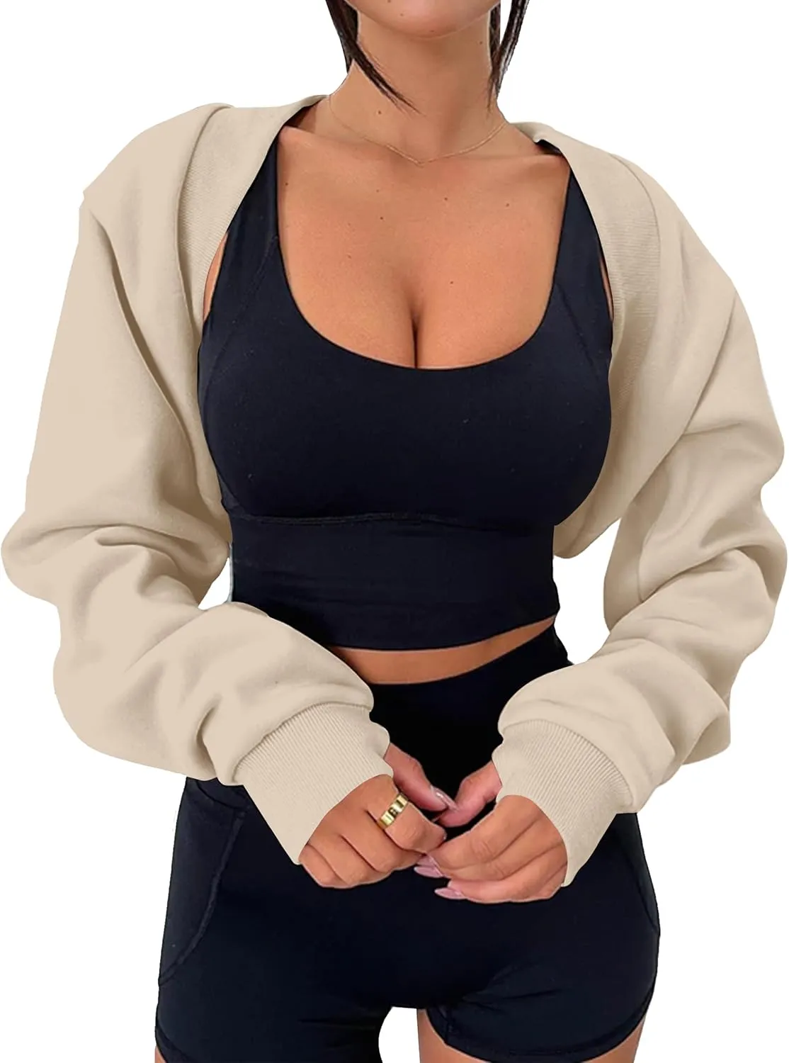 MISSACTIVER Women's Long Sleeve With Thumb Hole Bolero Shrug Top Open Front Fleece Loose Fit Cropped Shawl Sweatshirt Workout