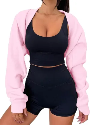 MISSACTIVER Women's Long Sleeve With Thumb Hole Bolero Shrug Top Open Front Fleece Loose Fit Cropped Shawl Sweatshirt Workout