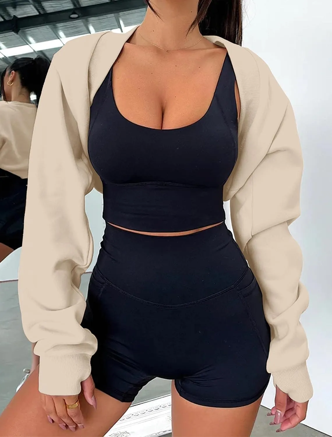 MISSACTIVER Women's Long Sleeve With Thumb Hole Bolero Shrug Top Open Front Fleece Loose Fit Cropped Shawl Sweatshirt Workout