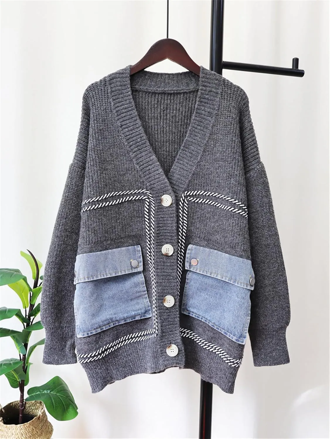 Molisry Women Cardigan Sweater Long Sleeve Denim Pockets Patchwork Button Down Casual Open Front Fall Winter