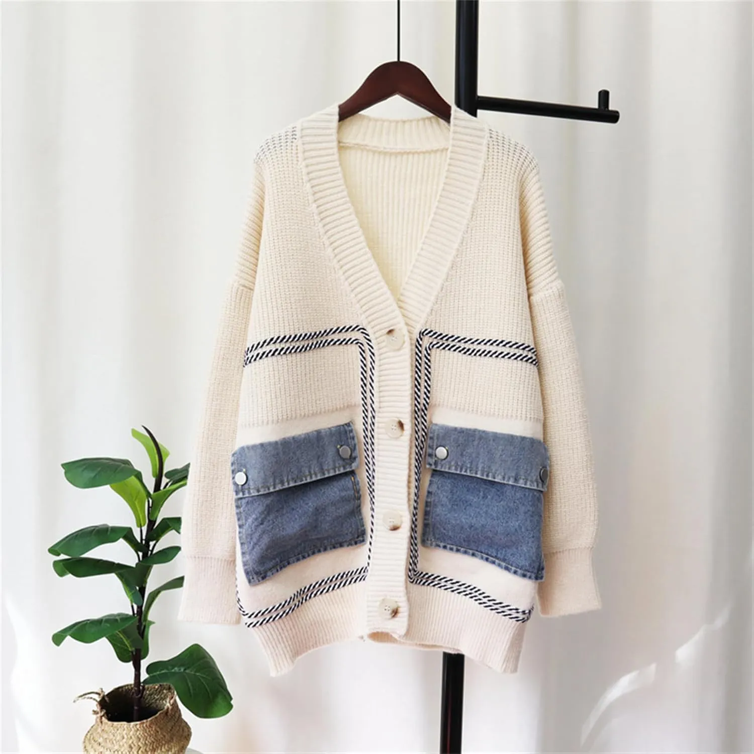 Molisry Women Cardigan Sweater Long Sleeve Denim Pockets Patchwork Button Down Casual Open Front Fall Winter