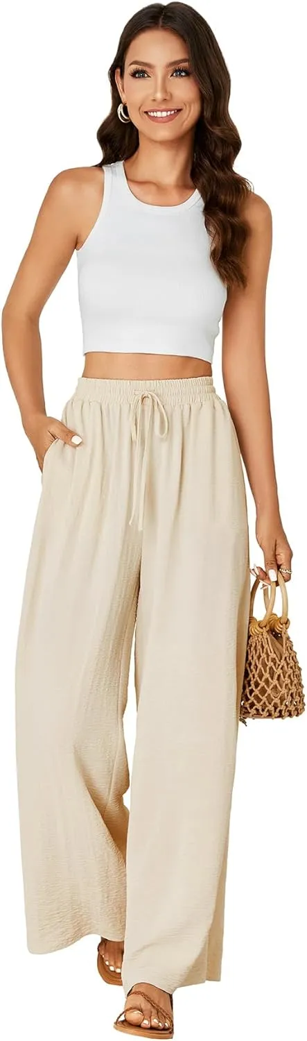 OPOIPIN Women's Casual High Waist Palazzo Drawstring Flowy Wide Leg Pants with Pockets