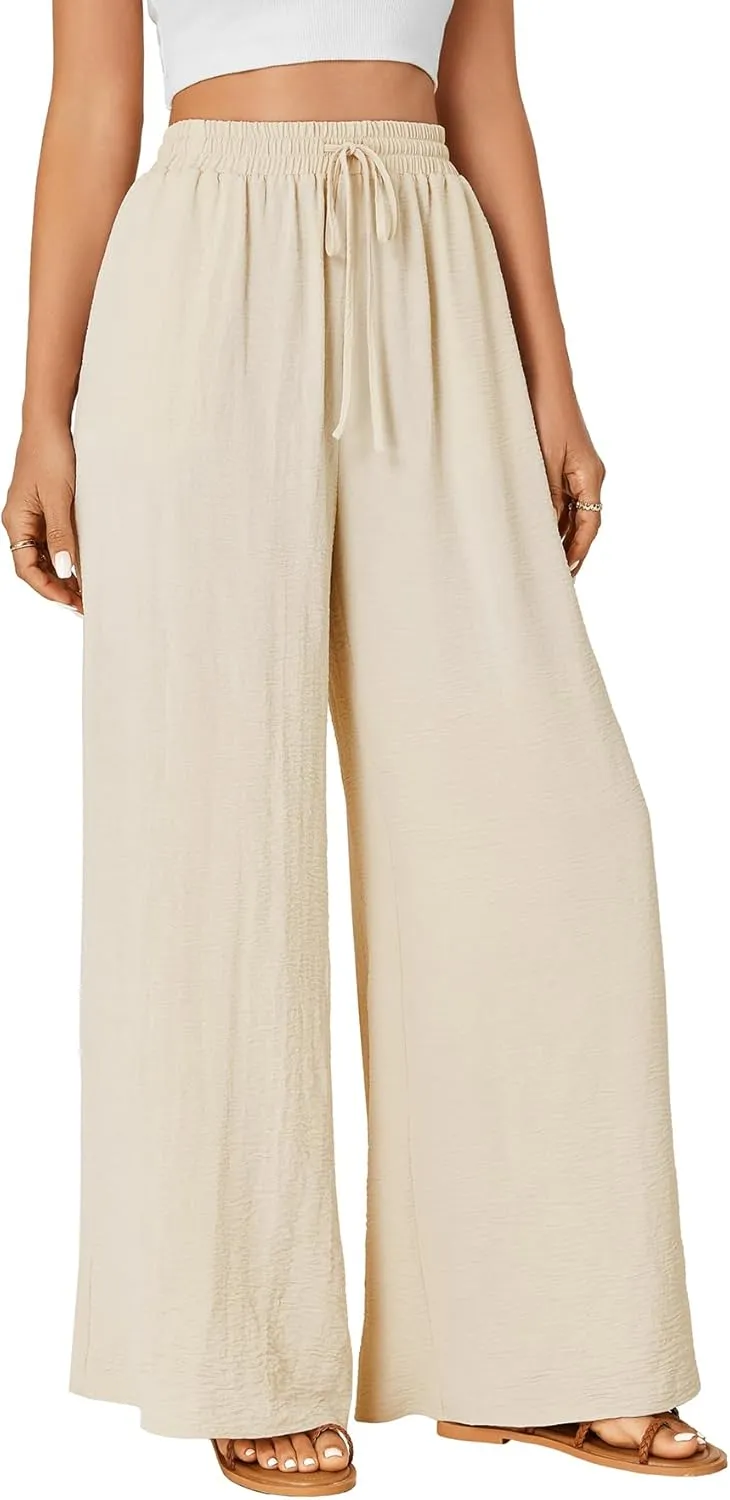 OPOIPIN Women's Casual High Waist Palazzo Drawstring Flowy Wide Leg Pants with Pockets