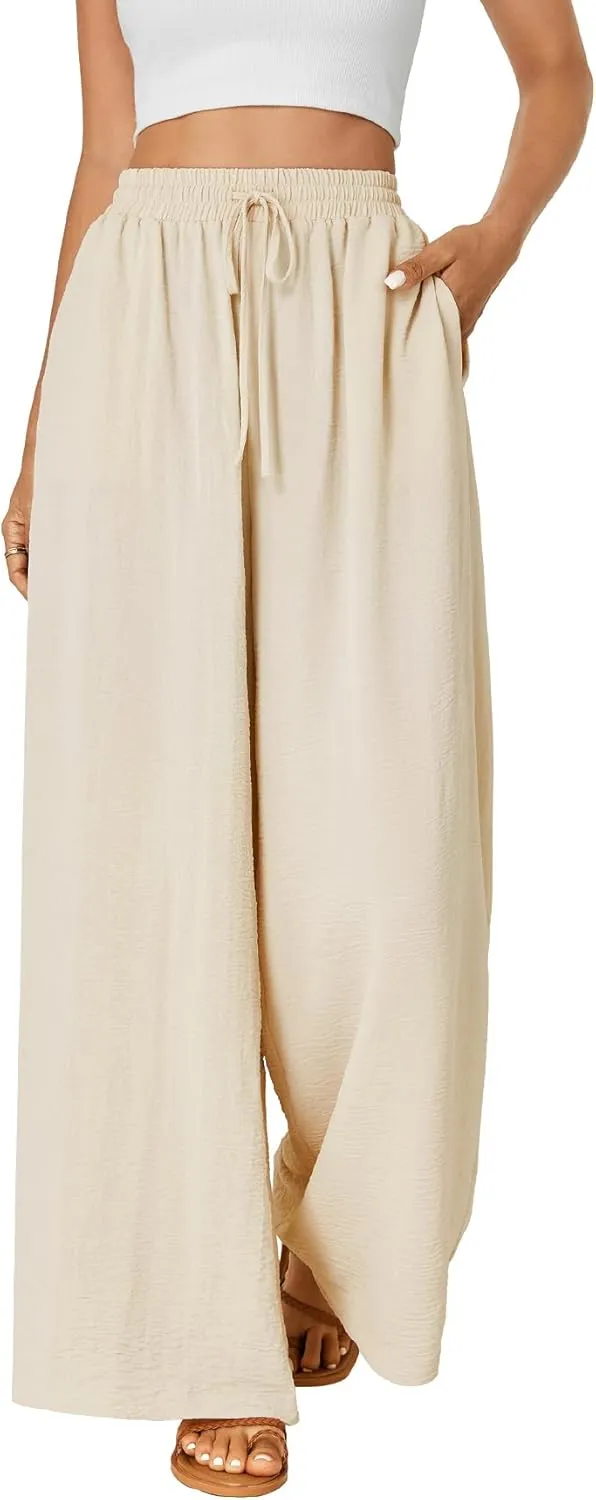 OPOIPIN Women's Casual High Waist Palazzo Drawstring Flowy Wide Leg Pants with Pockets