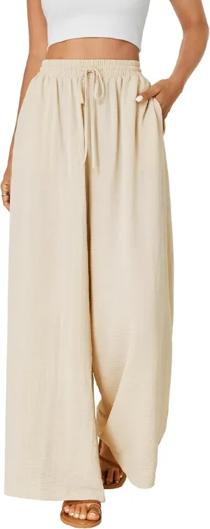 OPOIPIN Women's Casual High Waist Palazzo Drawstring Flowy Wide Leg Pants with Pockets