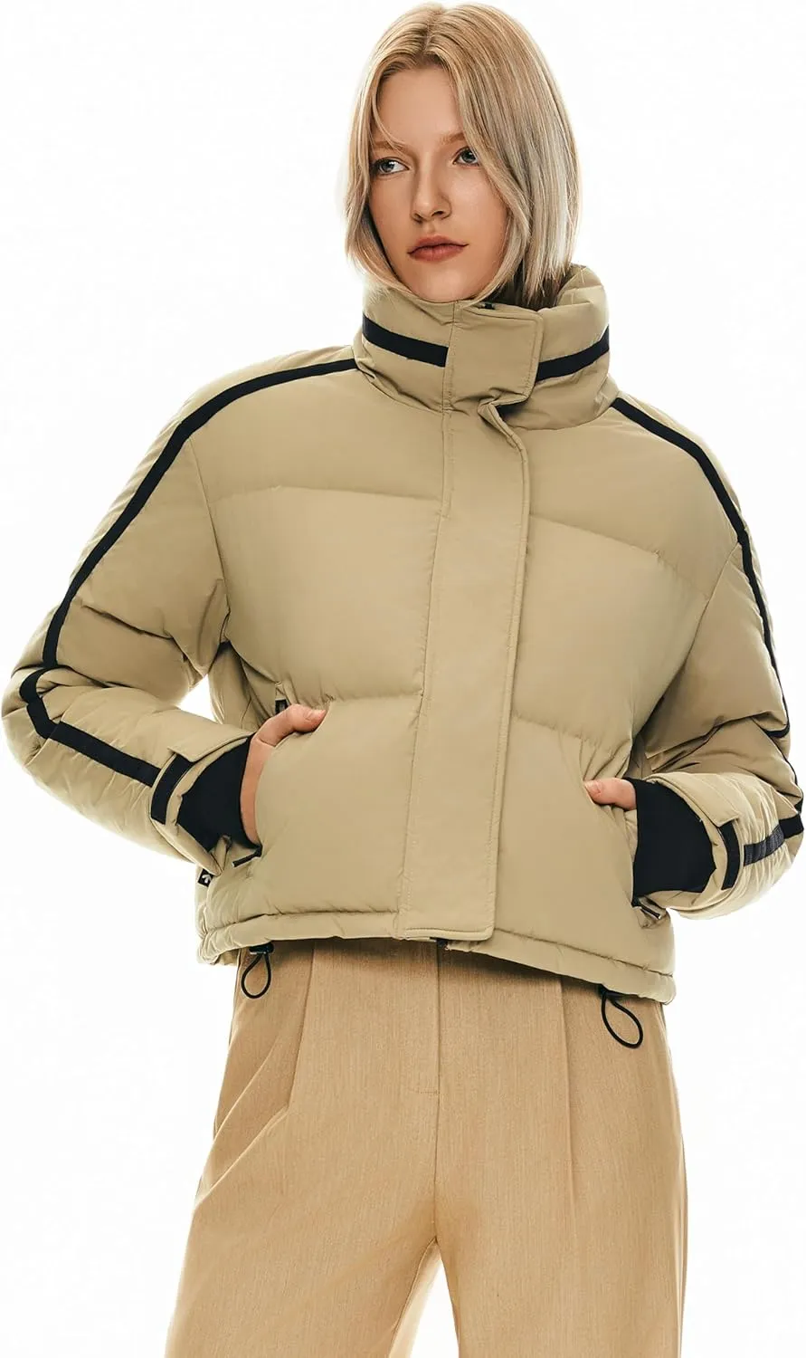 Orolay Women's Cropped Puffer Jacket Winter Stand Collar Quilted Down Coat Warm Fashion Zip Up Outerwear with Pockets