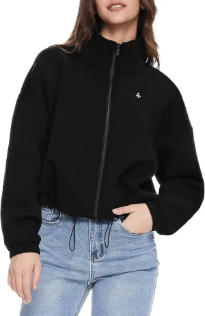 Orolay Women's Full Zip Sweatshirt - Long Sleeve Cropped Jacket Stand Collar Drawstring Casual Outerwear