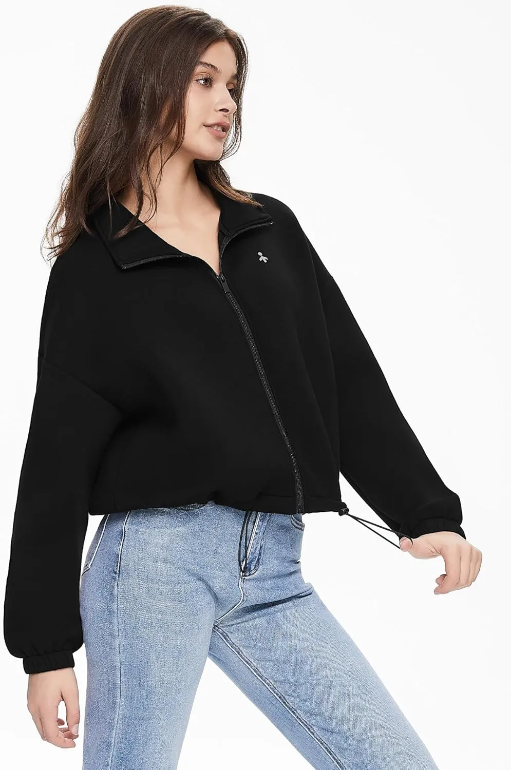 Orolay Women's Full Zip Sweatshirt - Long Sleeve Cropped Jacket Stand Collar Drawstring Casual Outerwear