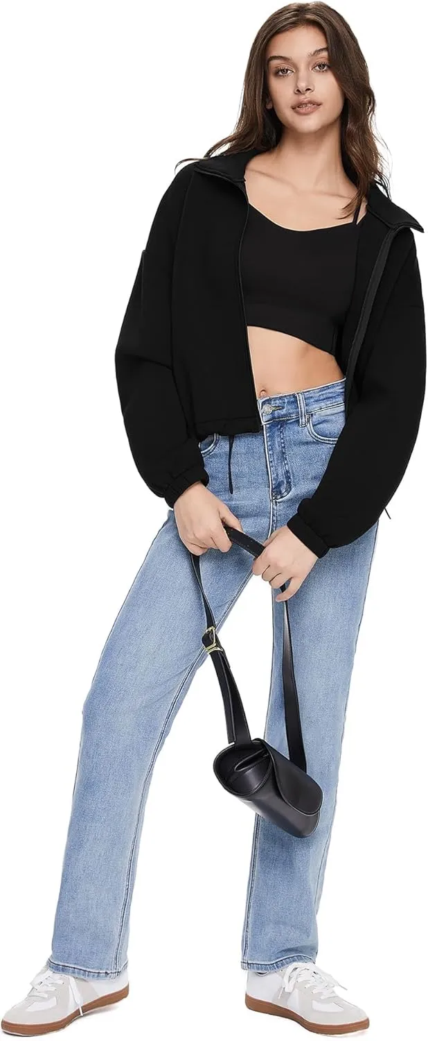 Orolay Women's Full Zip Sweatshirt - Long Sleeve Cropped Jacket Stand Collar Drawstring Casual Outerwear