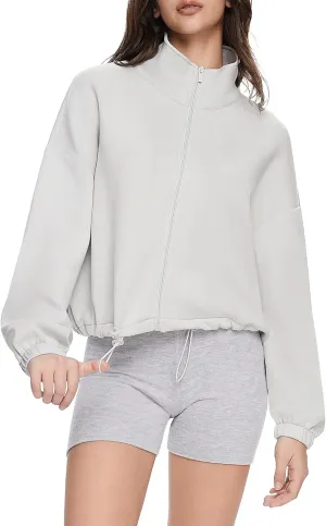 Orolay Women's Full Zip Sweatshirt - Long Sleeve Cropped Jacket Stand Collar Drawstring Casual Outerwear