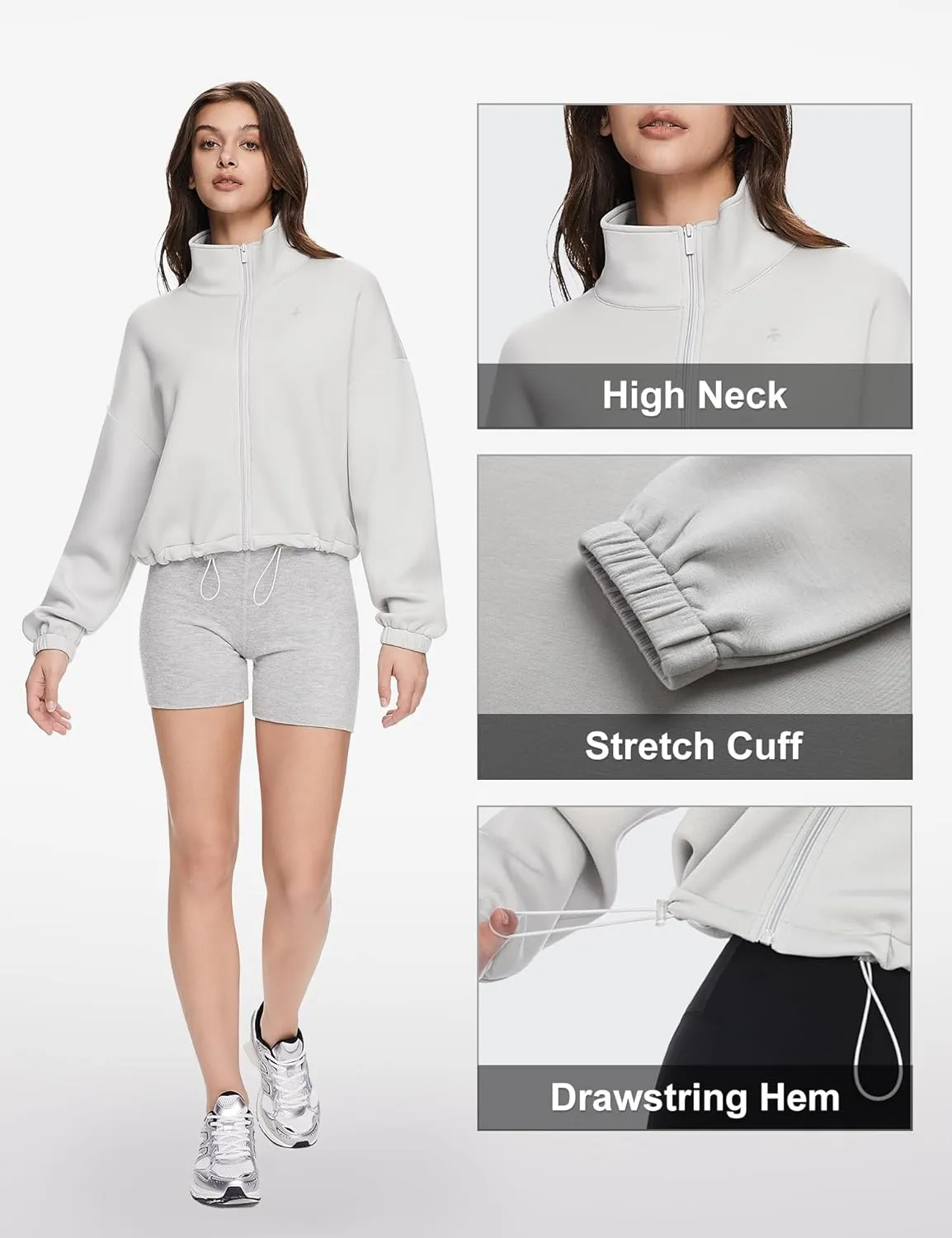 Orolay Women's Full Zip Sweatshirt - Long Sleeve Cropped Jacket Stand Collar Drawstring Casual Outerwear