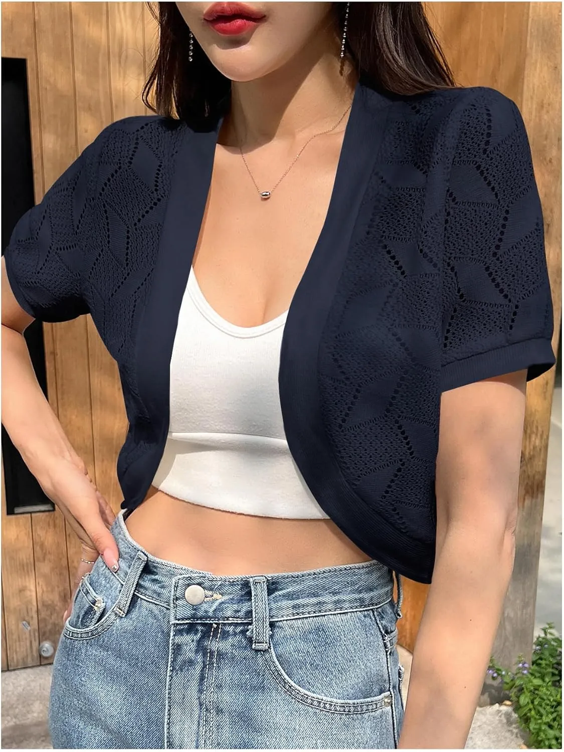 OYOANGLE Women's Crochet Knit Tops Short Sleeve Bolero Shrug Lightweight Open Front Cropped Cardigan Sweaters