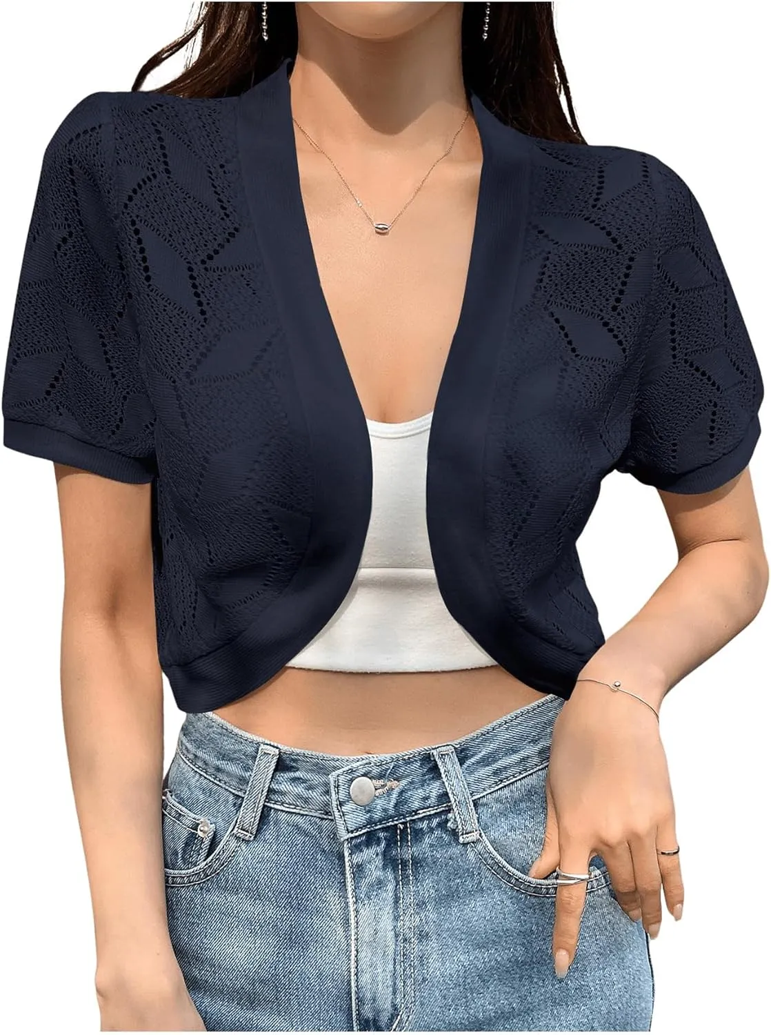 OYOANGLE Women's Crochet Knit Tops Short Sleeve Bolero Shrug Lightweight Open Front Cropped Cardigan Sweaters