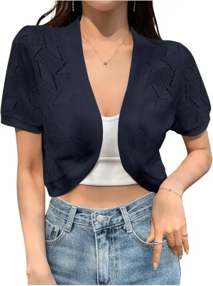 OYOANGLE Women's Crochet Knit Tops Short Sleeve Bolero Shrug Lightweight Open Front Cropped Cardigan Sweaters