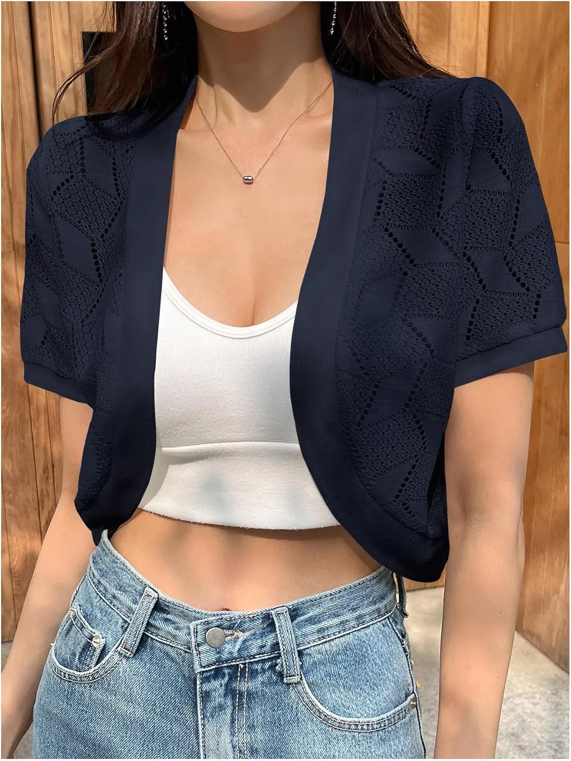 OYOANGLE Women's Crochet Knit Tops Short Sleeve Bolero Shrug Lightweight Open Front Cropped Cardigan Sweaters