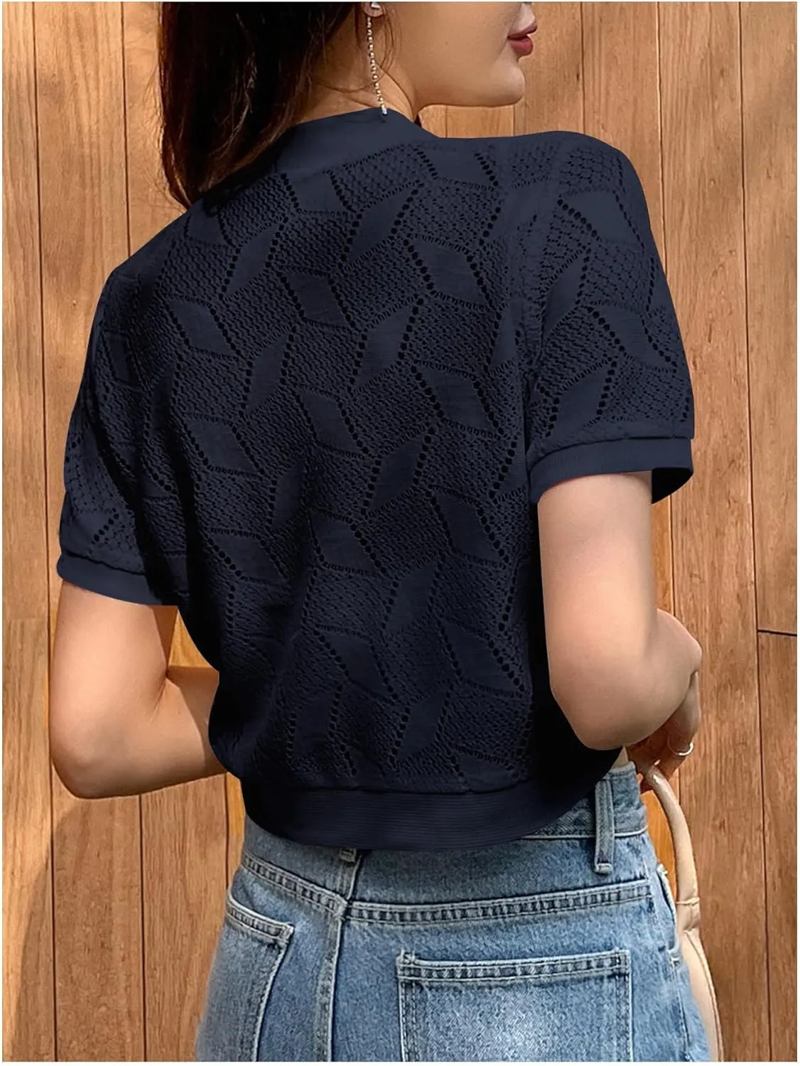 OYOANGLE Women's Crochet Knit Tops Short Sleeve Bolero Shrug Lightweight Open Front Cropped Cardigan Sweaters