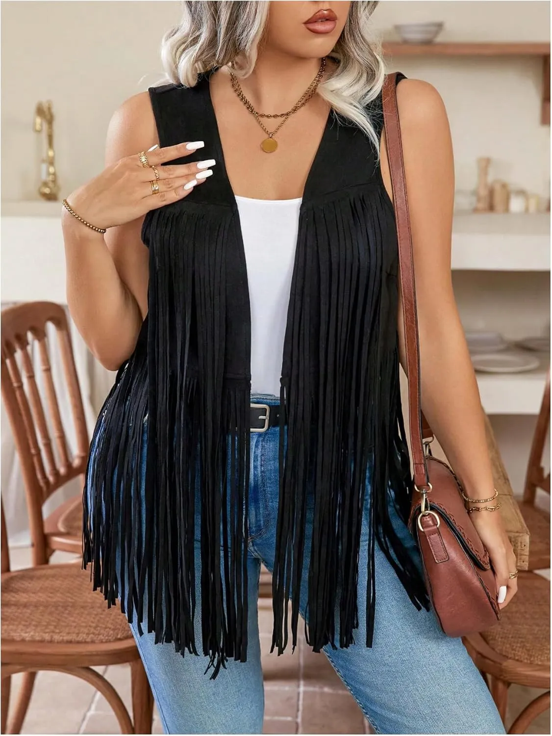 OYOANGLE Women's Plus Size Fringe Sleeveless Jacket Vest Open Front Cowgirl Tank Top Outerwear