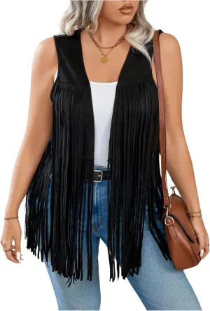 OYOANGLE Women's Plus Size Fringe Sleeveless Jacket Vest Open Front Cowgirl Tank Top Outerwear