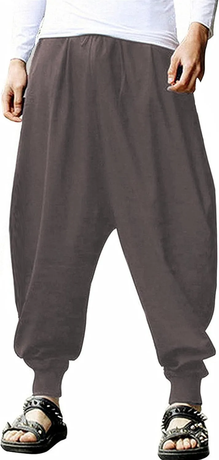 PACEIADTA Mens Casual Harem Pants Baggy Aladdin Hippie Elastic Waist Drop Crotch Trousers