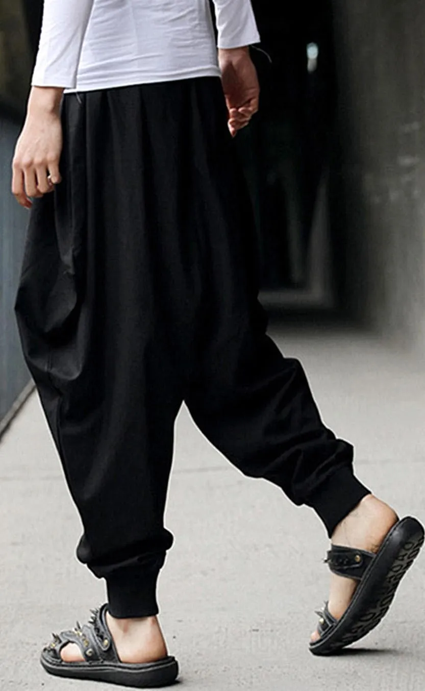 PACEIADTA Mens Casual Harem Pants Baggy Aladdin Hippie Elastic Waist Drop Crotch Trousers