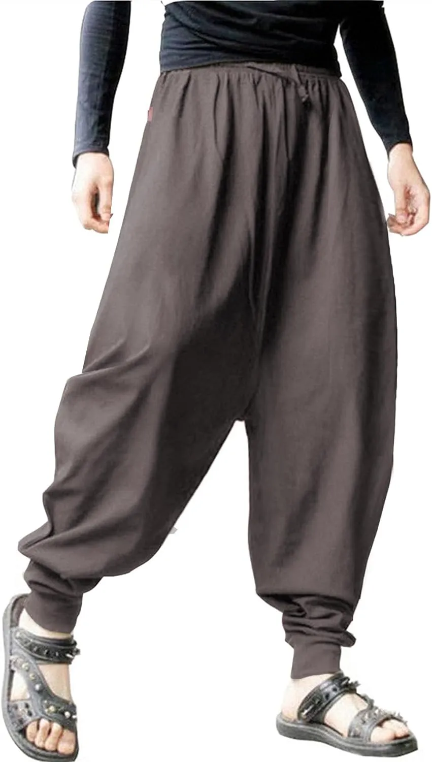 PACEIADTA Mens Casual Harem Pants Baggy Aladdin Hippie Elastic Waist Drop Crotch Trousers
