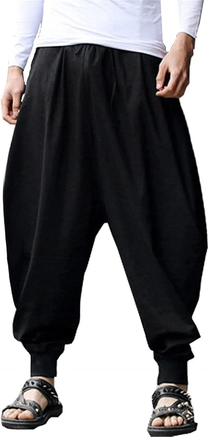PACEIADTA Mens Casual Harem Pants Baggy Aladdin Hippie Elastic Waist Drop Crotch Trousers