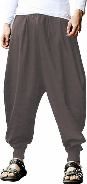PACEIADTA Mens Casual Harem Pants Baggy Aladdin Hippie Elastic Waist Drop Crotch Trousers