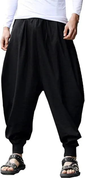 PACEIADTA Mens Casual Harem Pants Baggy Aladdin Hippie Elastic Waist Drop Crotch Trousers
