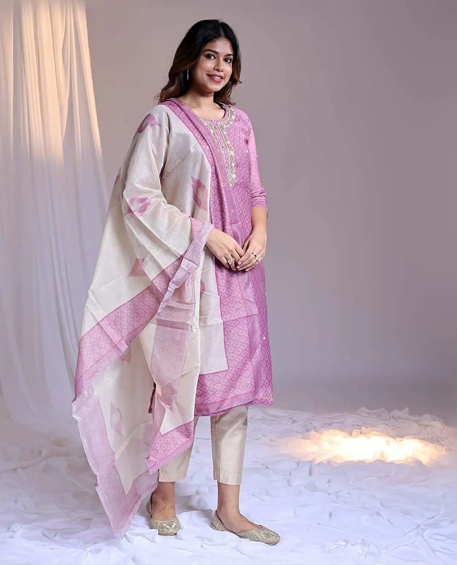 Pink readymade suit, print & embroidery round-neck straight-cut tissue top, plain pants & dupatta of unique motifs