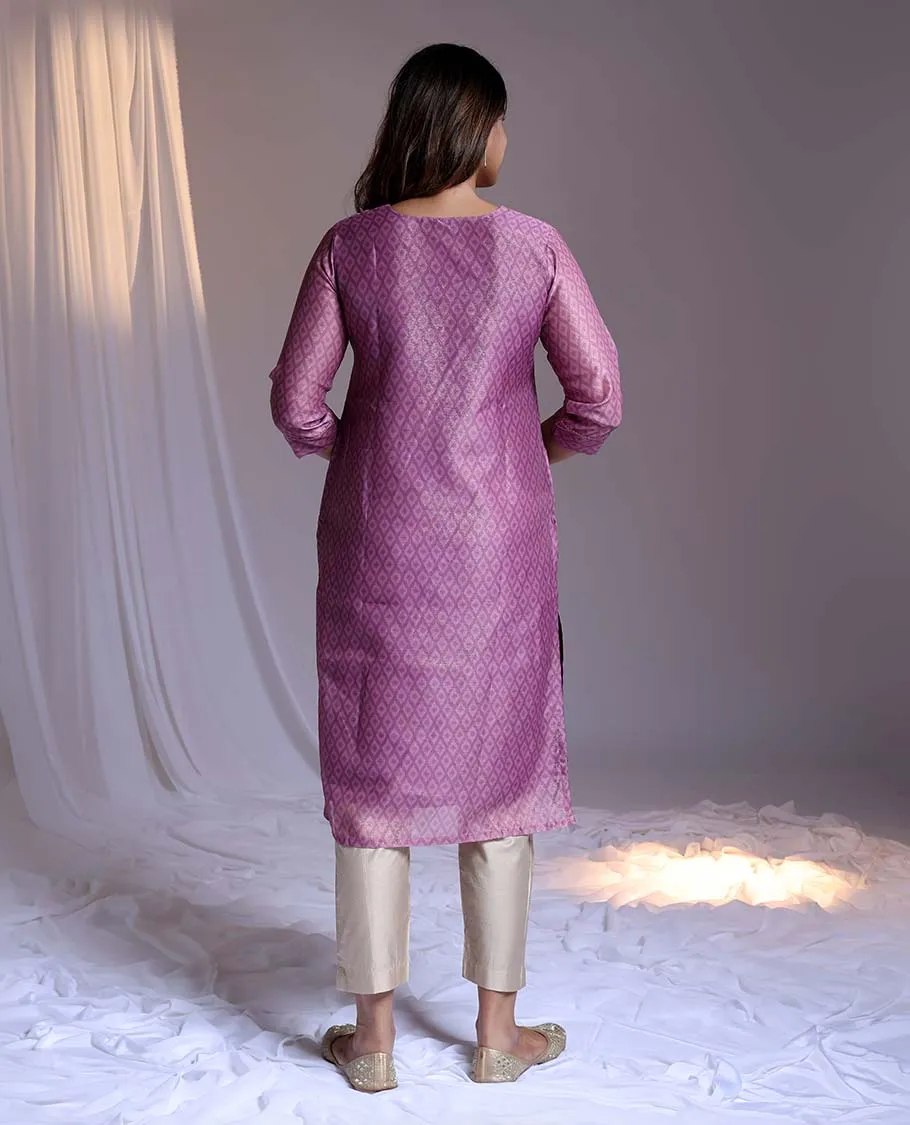 Pink readymade suit, print & embroidery round-neck straight-cut tissue top, plain pants & dupatta of unique motifs