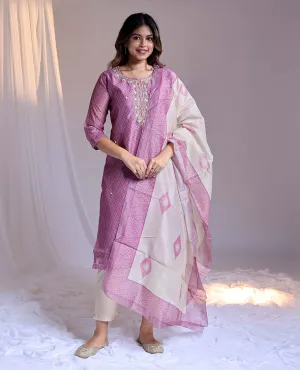 Pink readymade suit, print & embroidery round-neck straight-cut tissue top, plain pants & dupatta of unique motifs