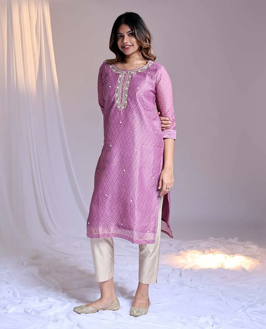 Pink readymade suit, print & embroidery round-neck straight-cut tissue top, plain pants & dupatta of unique motifs