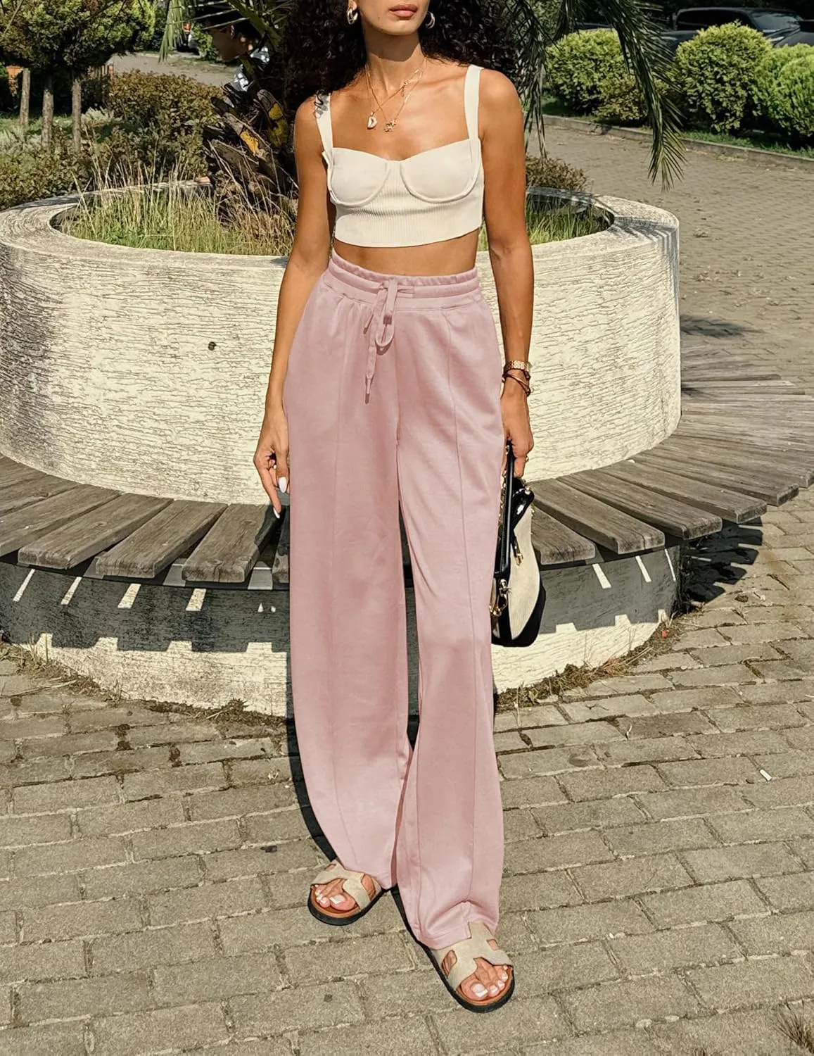 PINSPARK Wide Leg Sweatpants Women High Waisted Baggy Sweat Pants Elastic Elevated Seams Loose Active Pants with Pockets