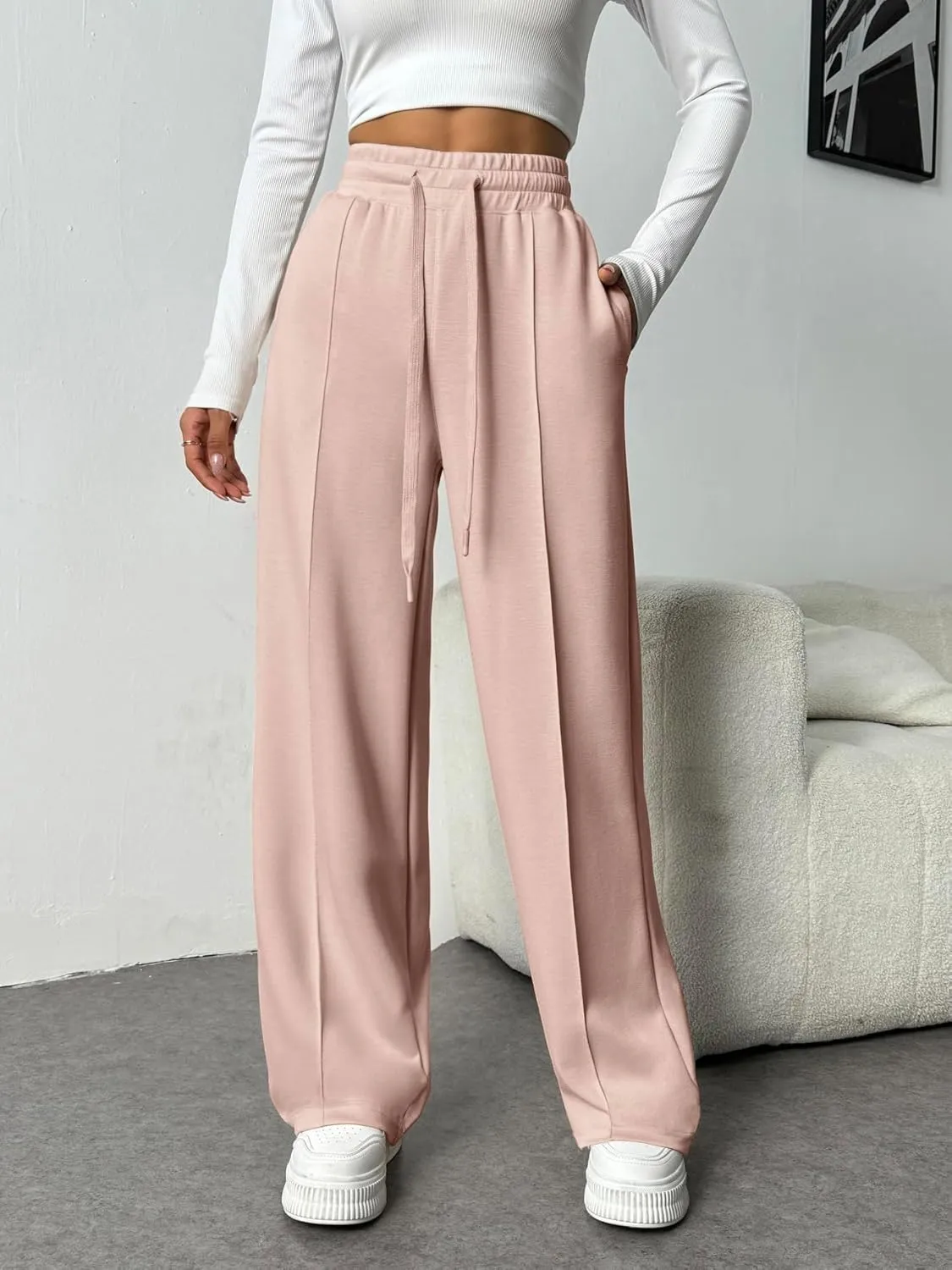 PINSPARK Wide Leg Sweatpants Women High Waisted Baggy Sweat Pants Elastic Elevated Seams Loose Active Pants with Pockets