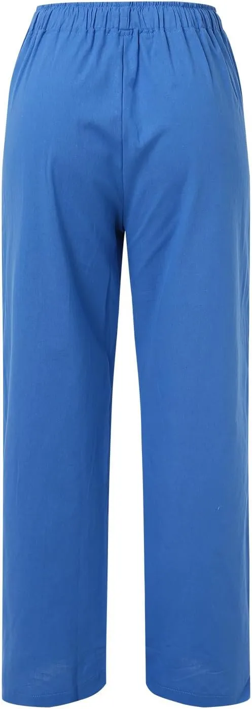 PTOLOCIF Cotton Linen Pants for Women Casual High Waist Loose Fit Drawstring Trousers with Pockets Summer Fashion Linen Pants