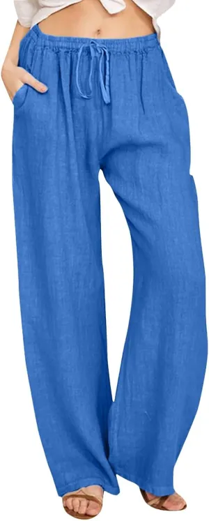 PTOLOCIF Cotton Linen Pants for Women Casual High Waist Loose Fit Drawstring Trousers with Pockets Summer Fashion Linen Pants