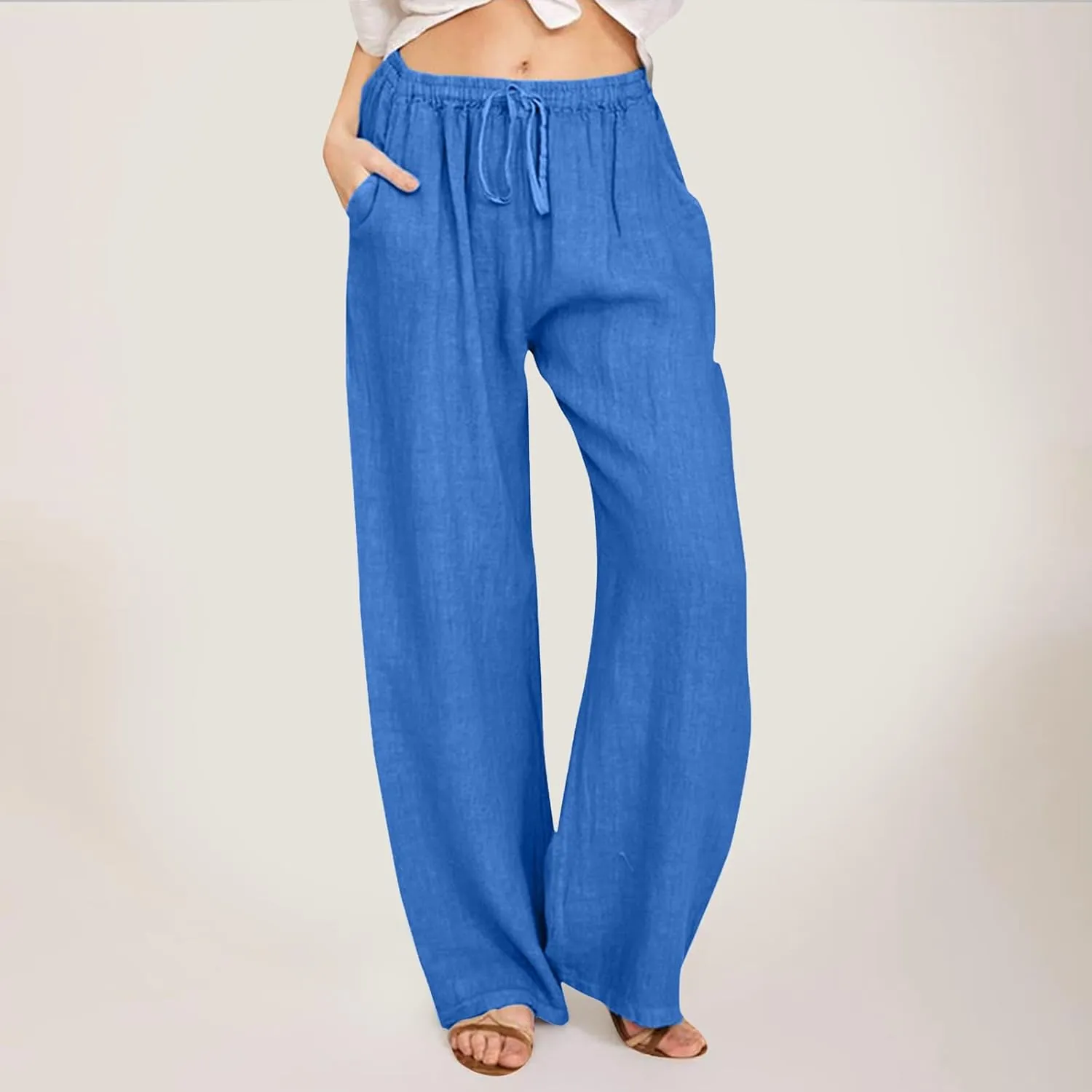 PTOLOCIF Cotton Linen Pants for Women Casual High Waist Loose Fit Drawstring Trousers with Pockets Summer Fashion Linen Pants