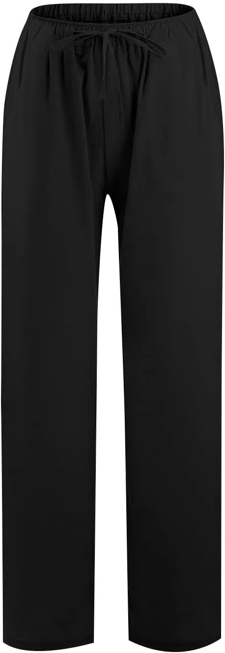 PTOLOCIF Cotton Linen Pants for Women Drawstring Back Elastic Waist Pants High Waist Casual Lounge Trousers with Pockets